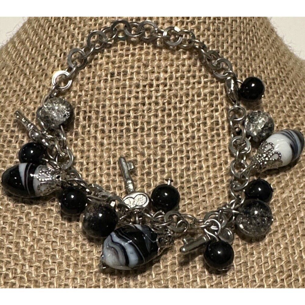 Silver Tone Black White Art Glass Bead Charm Beaded Bracelet